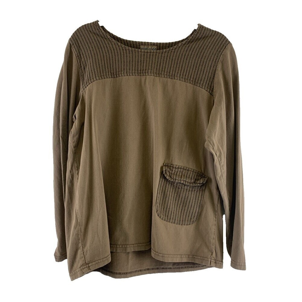 Iridium Long Sleeve Shirt Brown Striped Cotton Front Pocket Flap Womens Large
